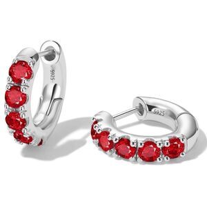 14K White Gold 925 Sterling Silver with Ruby Red Cubic Zirconia Huggie Earrings